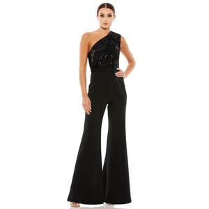 Ieena for Mac Duggal 26716 Sequin Bodice One Shoulder Jumpsuit Black Size 14 NEW